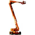 Orange articulating boom lift on four wheels with boom extended