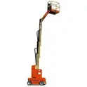Orange vertical boom lift on four wheels and extended