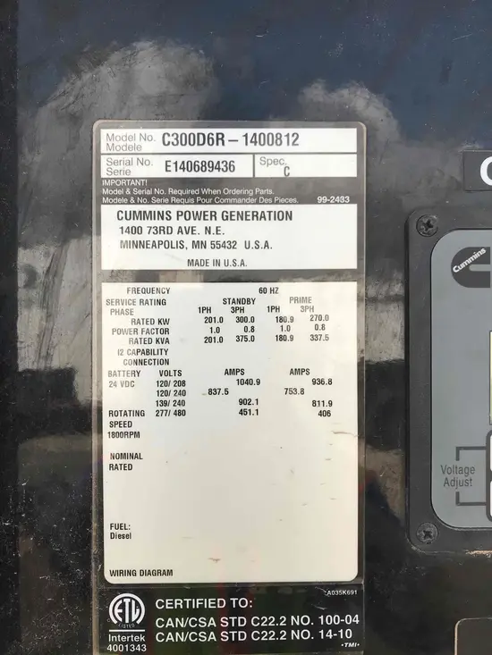 2014 Cummins C300D6RG Diesel Generator