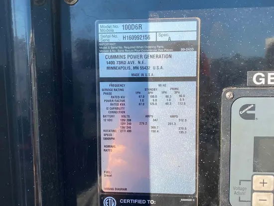 2016 Cummins C100D6RG Diesel Generator