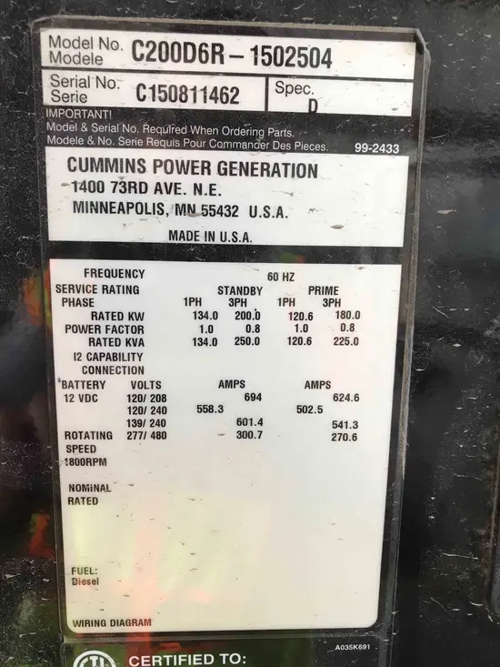 2015 Cummins C200D6R WOG Diesel Generator
