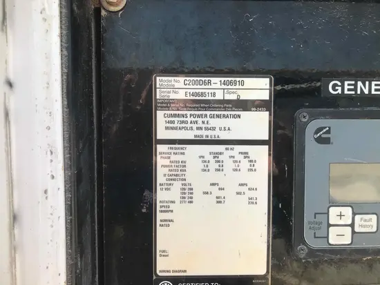 2014 Cummins C200D6RG Diesel Generator