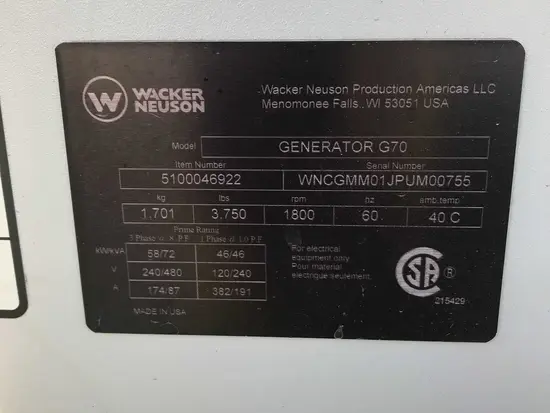 2019 Wacker Neuson G70 T4F Diesel Generator
