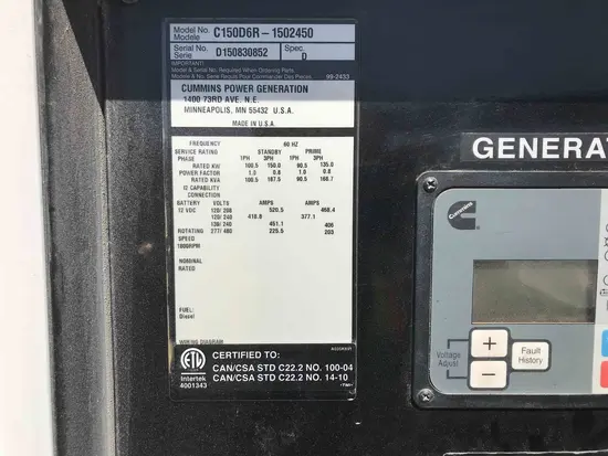 2015 Cummins C150D6R WOG Diesel Generator