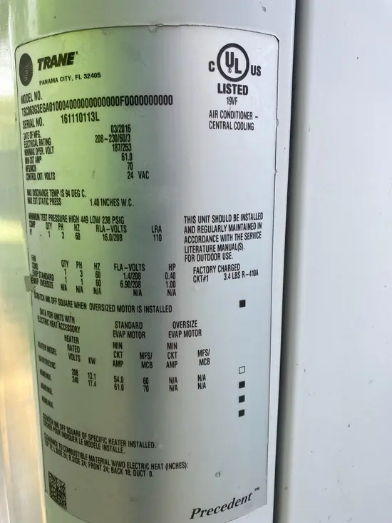 2016 TRANE 5T-208V-WSC060E