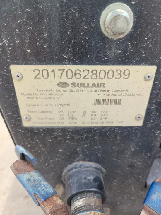 2017 Sullair 185DPQ-KU-T3 Air Compressor