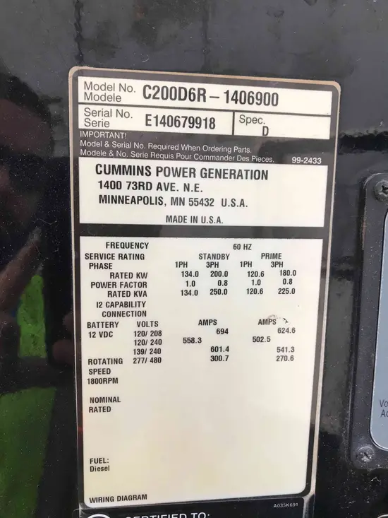 2014 Cummins C200D6RG Diesel Generator