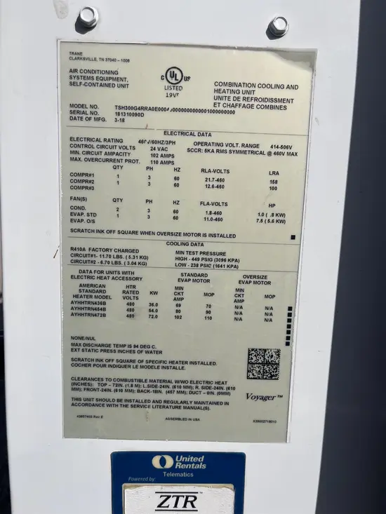 2018 TRANE 25T-480V-DH-TCH