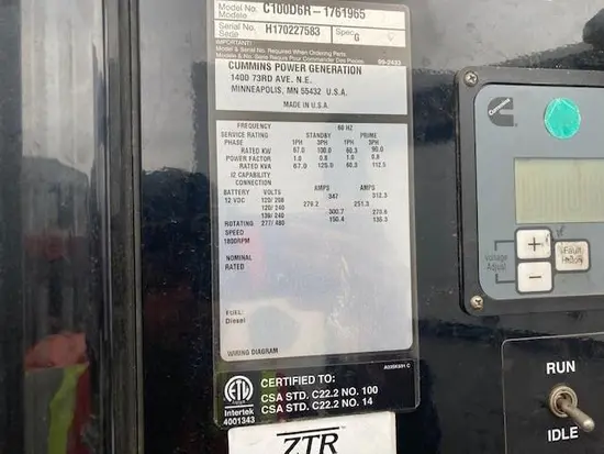 2017 Cummins C100 D6R Diesel Generator