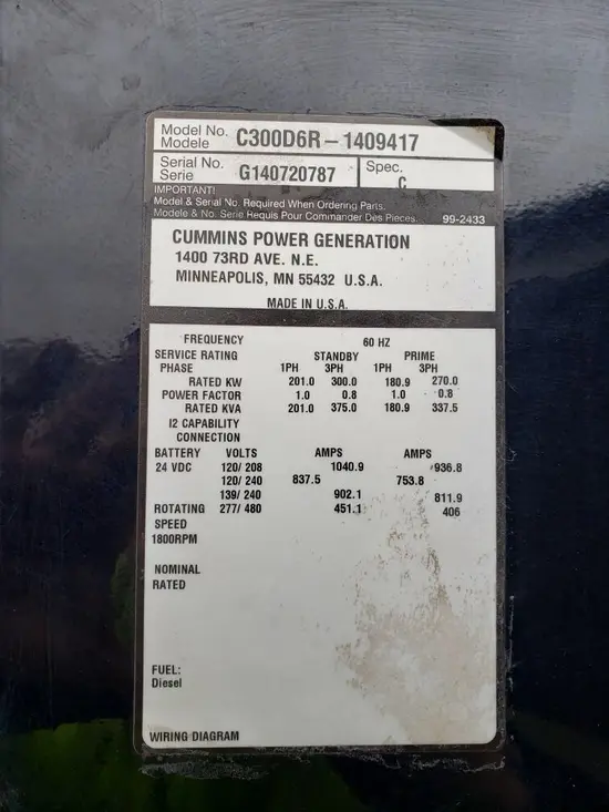 2014 Cummins C300D6RG WOG Diesel Generator