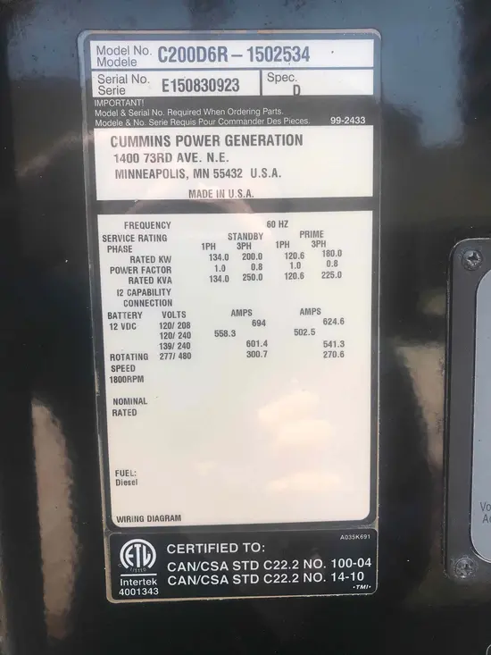 2015 Cummins C200D6R WOG Diesel Generator