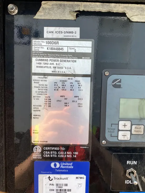 2019 Cummins C100 D6R Diesel Generator