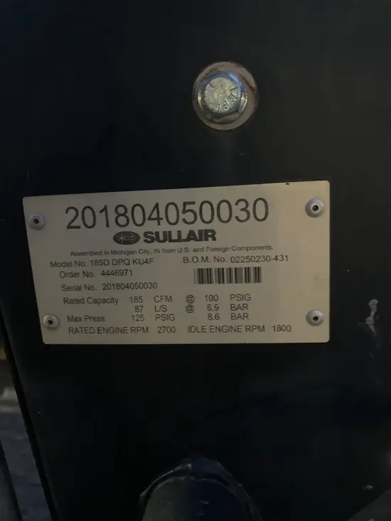 2018 Sullair 185DPQ-KU-T3 Air Compressor