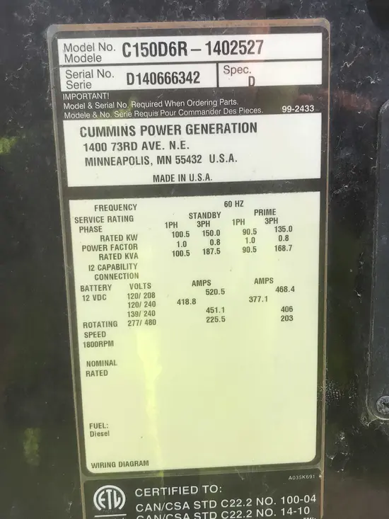 2014 Cummins C150D6RG Diesel Generator
