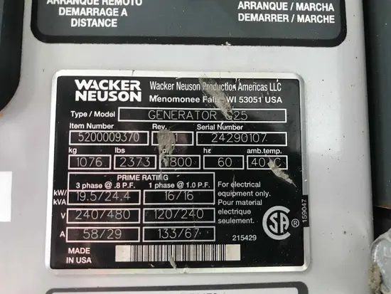 2016 Wacker Neuson G25 T4F Diesel Generator