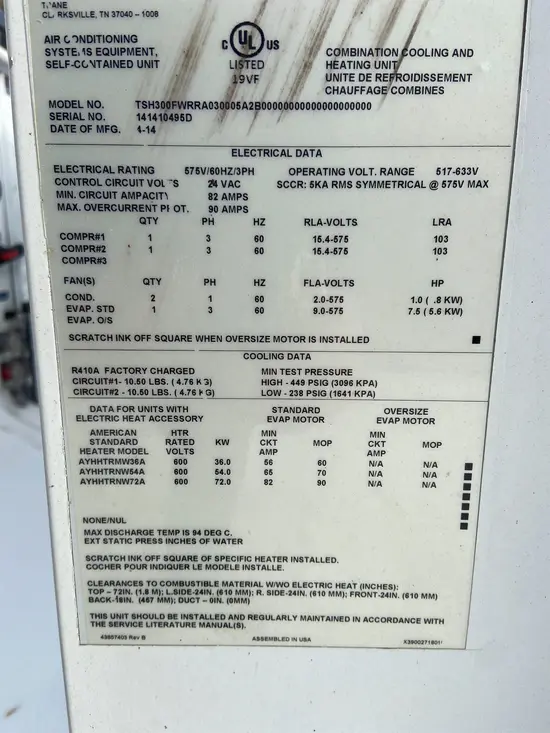 2014 TRANE TCH300E400A Air Conditioner