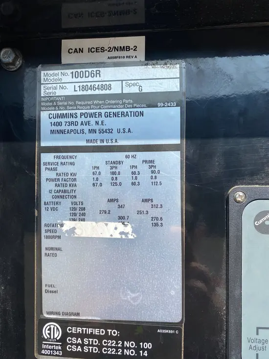 2019 Cummins C100 D6R Diesel Generator