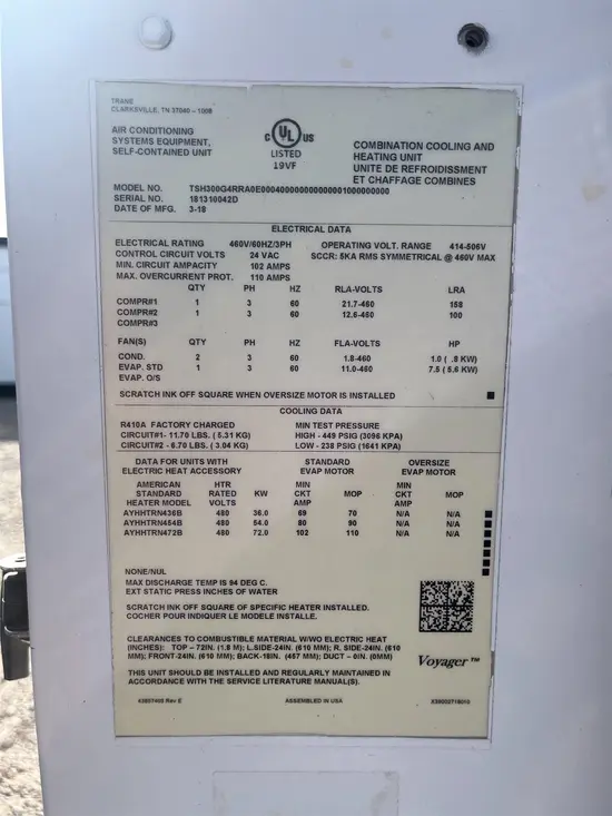 2018 TRANE 25T-480V-DH-TCH