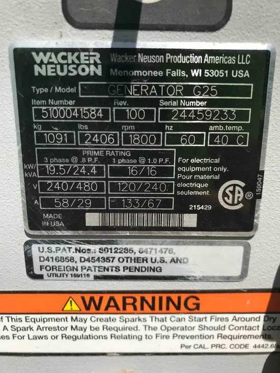 2018 Wacker Neuson G25 T4F Diesel Generator