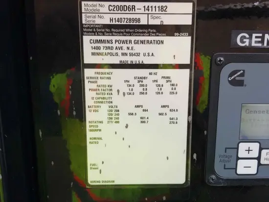 2014 Cummins C200D6R WOG Diesel Generator