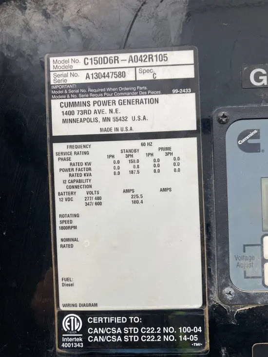 2013 Cummins C150D6RG Diesel Generator
