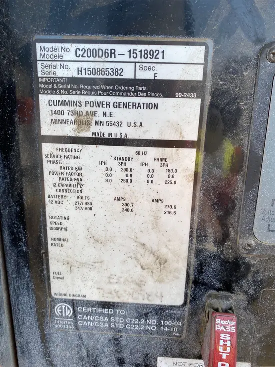 2017 Cummins C200D6RG Diesel Generator