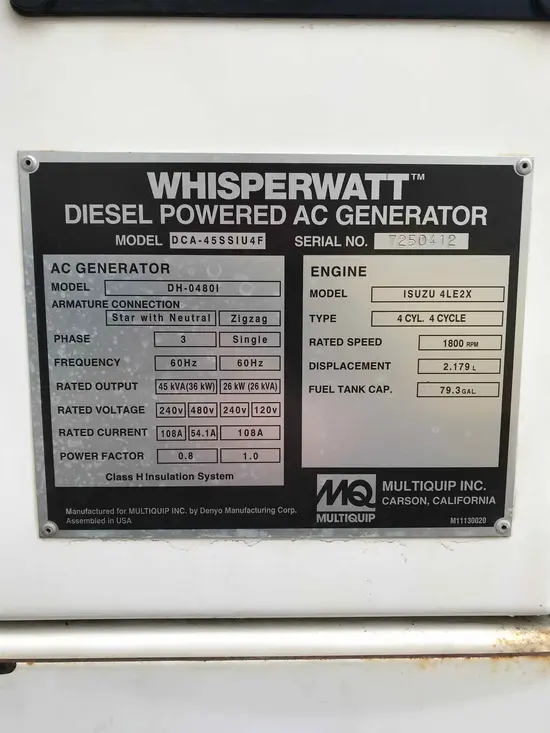 2015 Multiquip DCA45SSIU4F Diesel Generator