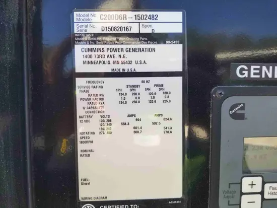 2015 Cummins C200D6R Diesel Generator