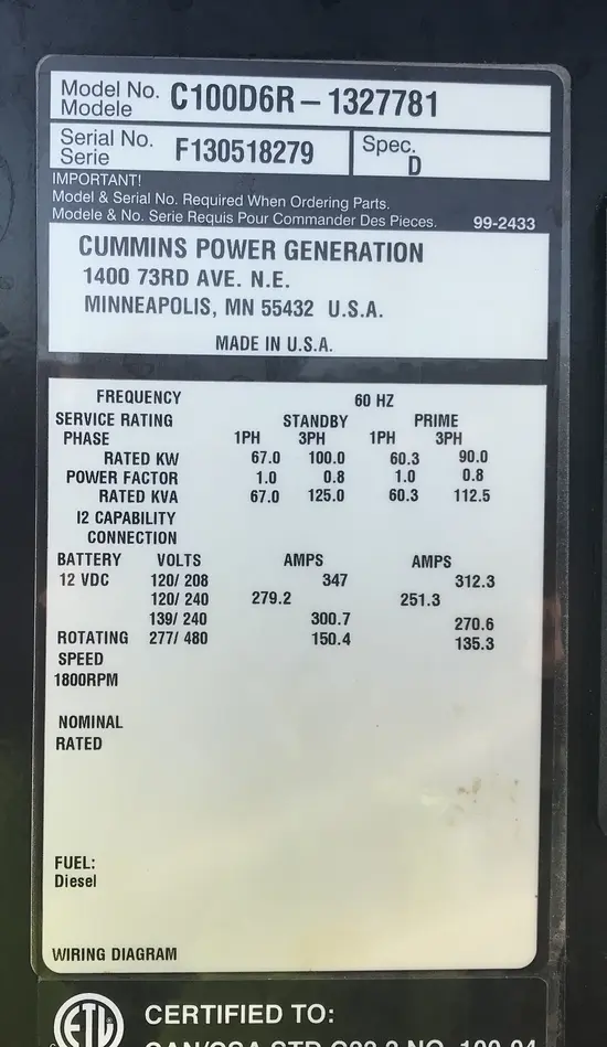 2013 Cummins C100D6RG Diesel Generator