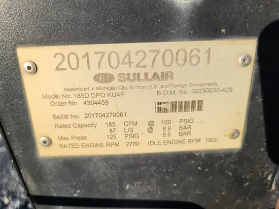 2017 Sullair 185DPQ-KU-T3 Air Compressor
