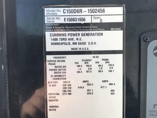 2015 Cummins C150D6RG Diesel Generator