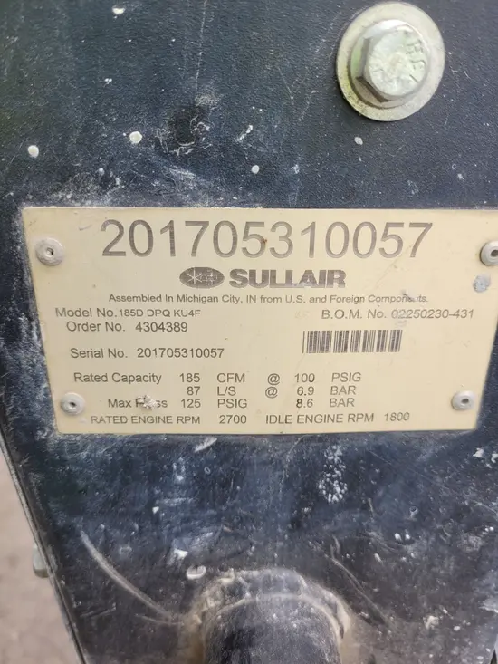 2017 Sullair 185DPQ-KU-T3 Air Compressor