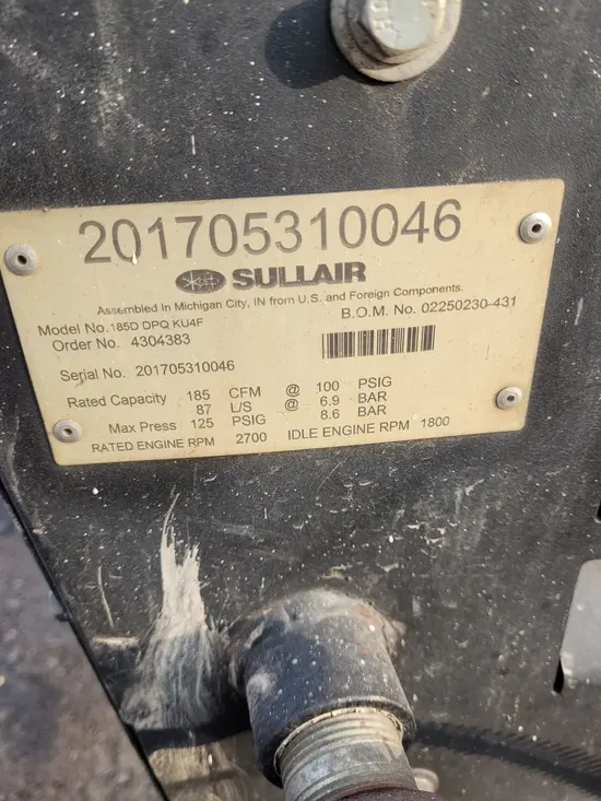 2017 Sullair 185DPQ-KU-T3 Air Compressor