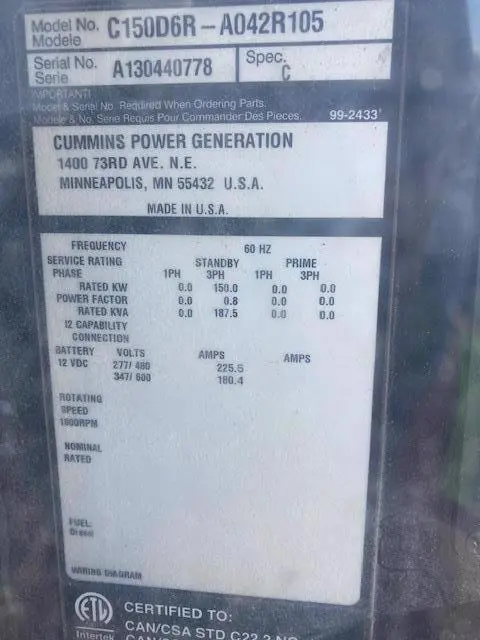 2013 Cummins C150D6RG Diesel Generator