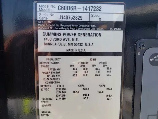 2014 Cummins C60D6RG Diesel Generator