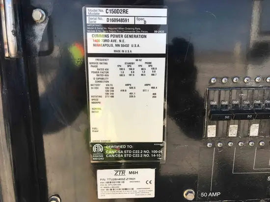 2016 Cummins C150D2RE Diesel Generator
