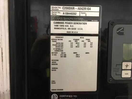2013 Cummins C200D6RG Diesel Generator