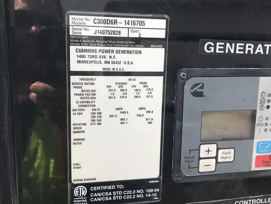 2015 Cummins C300D6R Diesel Generator