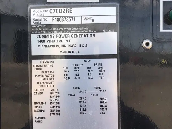 2018 Cummins C70D2RE Diesel Generator