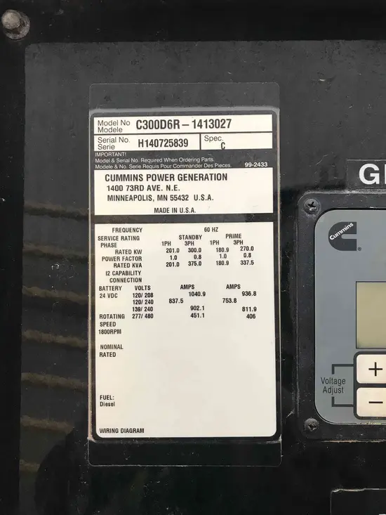 2014 Cummins C300D6RG WOG Diesel Generator