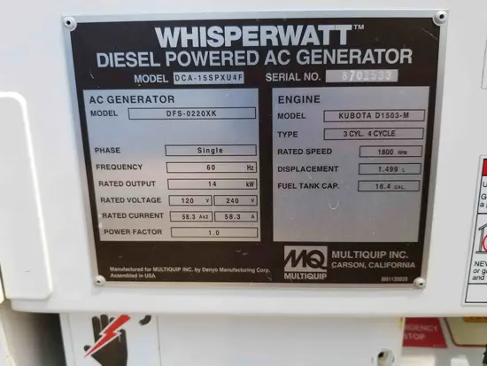 2017 Multiquip DCA15SPXU4F Diesel Generator