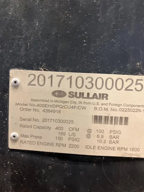 2017 Sullair 400HDPQ-CU Air Compressor