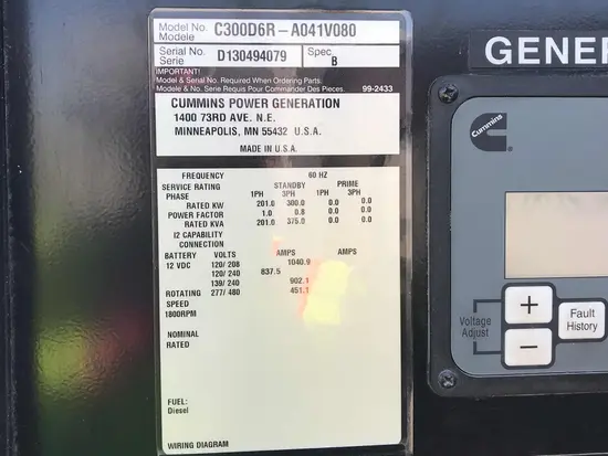 2013 Cummins C300D6RG Diesel Generator