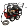 Black and red Mi-T-M 5,000 psi pressure washer being used to wash a piece of heavy machinery