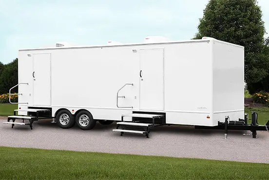 ROS white 10-Station Restroom Trailer exterior photograph