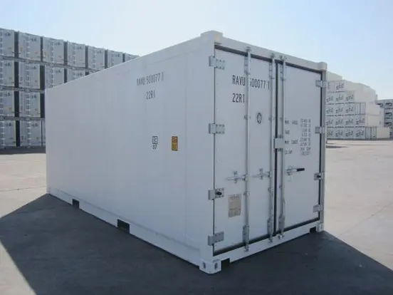 Exterior cargo doors on a white refrigerated shipping container
