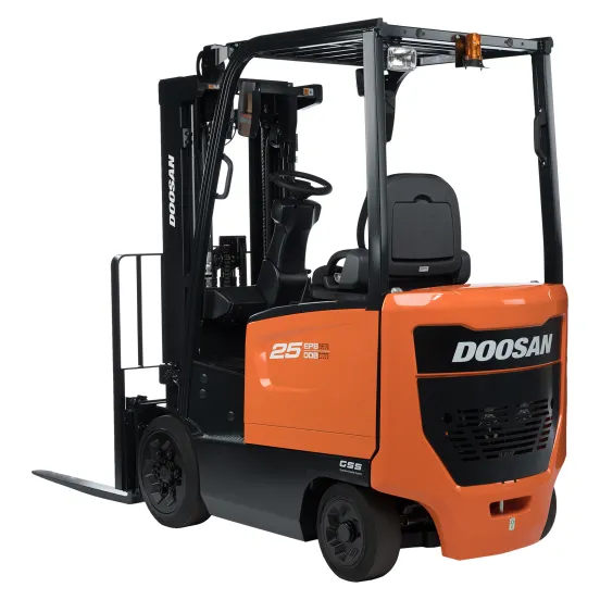 Orange and black Doosan electric warehouse forklift