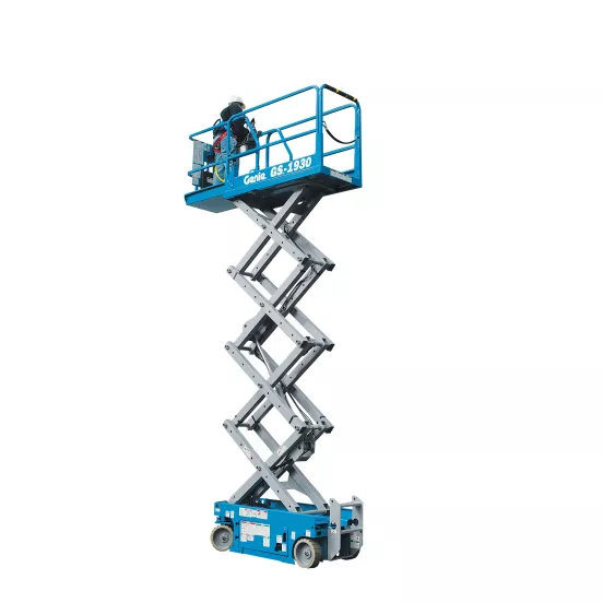 Blue and grey GENIE 19 ft. Scissor Lift, Electric, Narrow