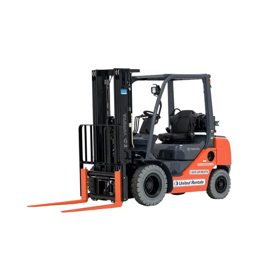 Orange and black TOYOTA 6,000 lb. Gas/LP or Diesel Warehouse Forklift, Quad Mast, Pneumatic Tires