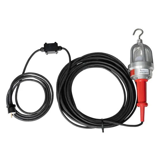 Red and silver Worksite Handheld Light, Inline Transformer, Explosion Proof 